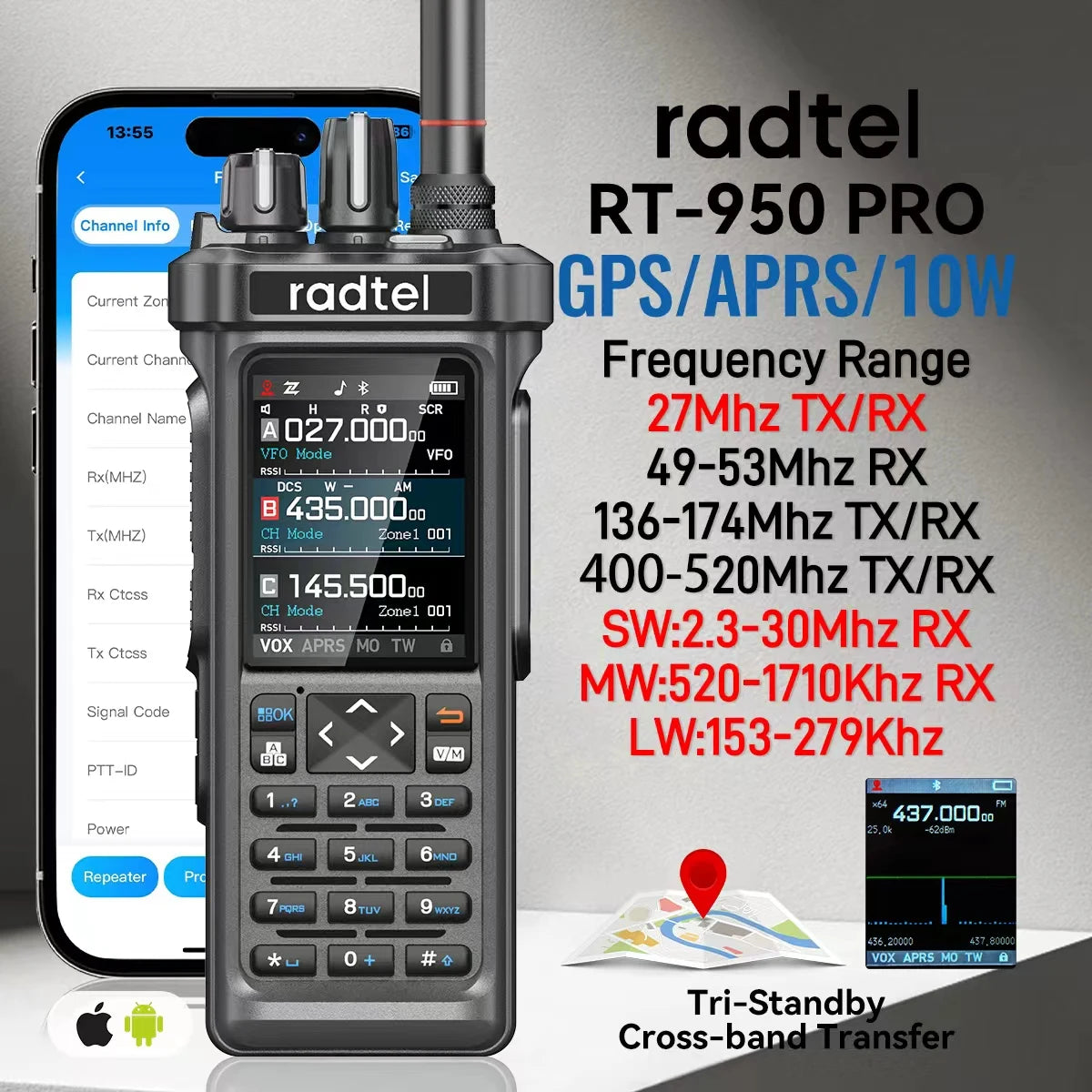 Radtel RT-950 PRO Walkie Talkie AM/FM/CB/LSB/USB/CW Receiver with GPS APRS 10W Bluetooth Phone Programming Ham Radio RT-950PRO