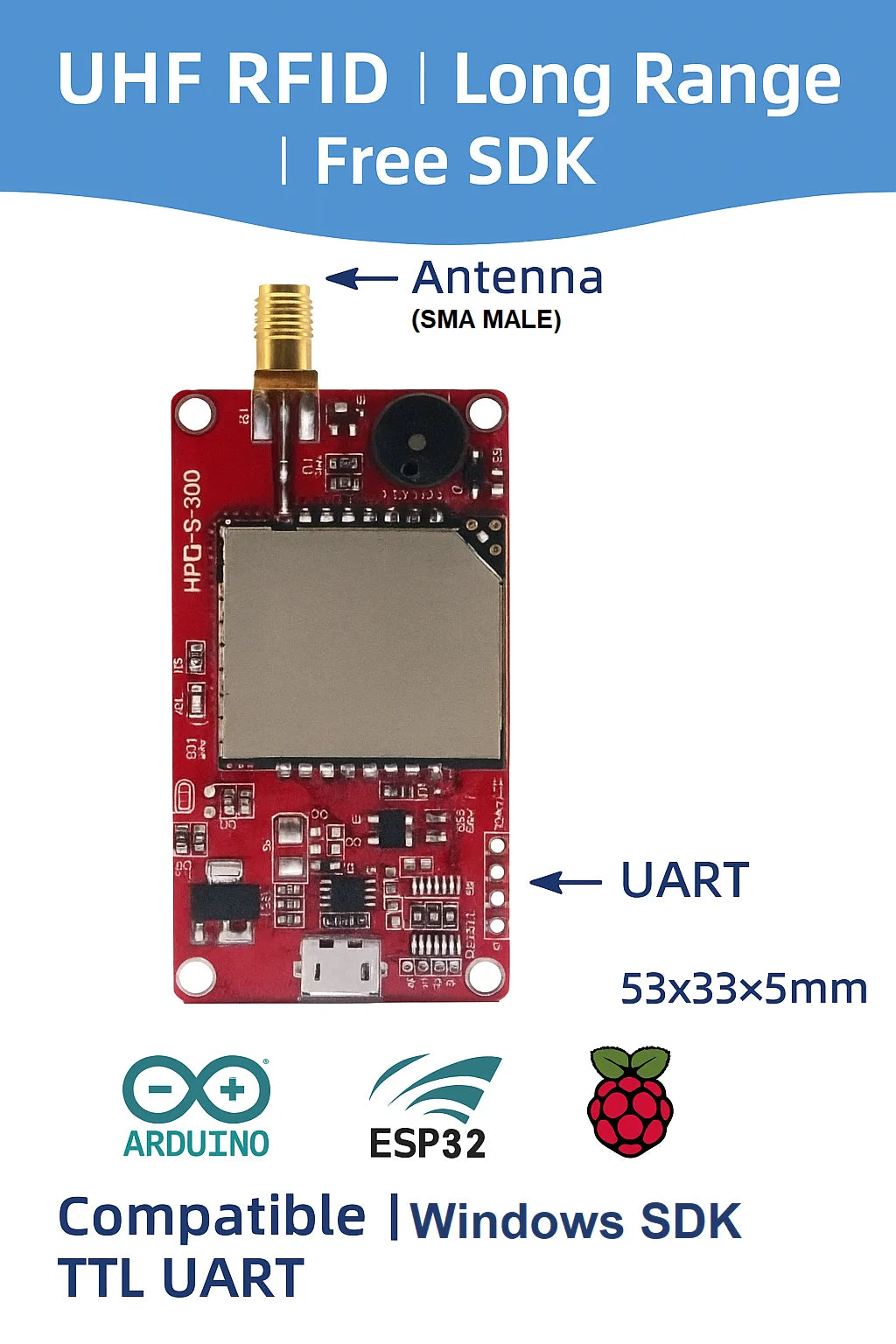 R300 RFID UHF Reader Module for ESP32 Raspberry Pi Arduino | UHF Access Control TTL UART | Free SDK Included