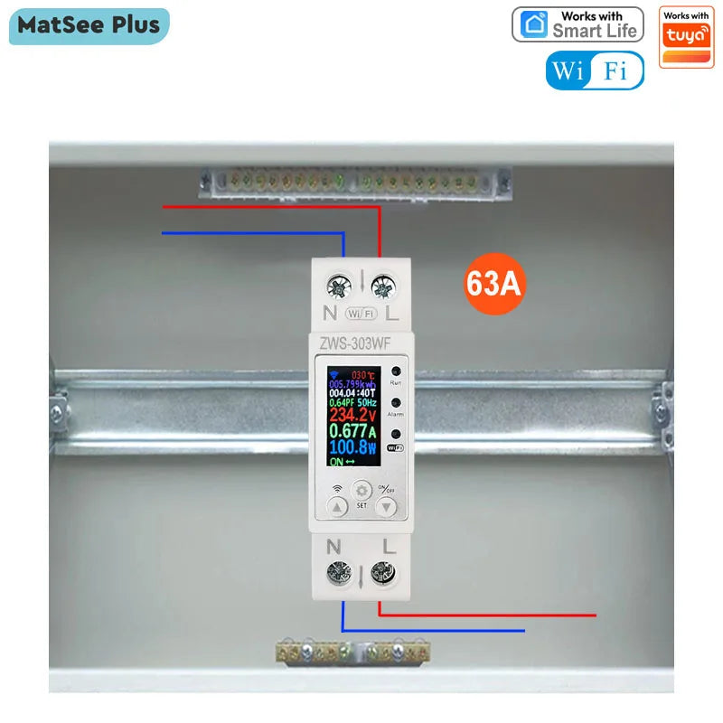 Smart WiFi Power Meter 63A Circuit Breaker Switch Overcurrent Overload Protect APP Monitor Power Consumption Remote Control