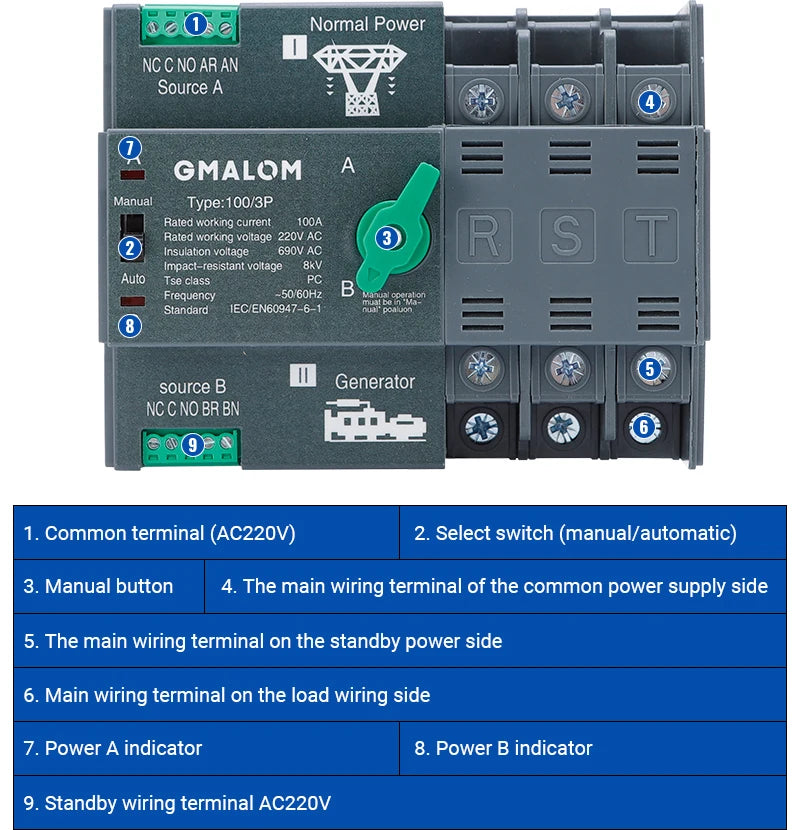 Rail Dual Power Automatic Transfer Switch 2P 3P 4P ATS Selector Switches Uninterruptible Millisecond Power Generator 100A AC220V