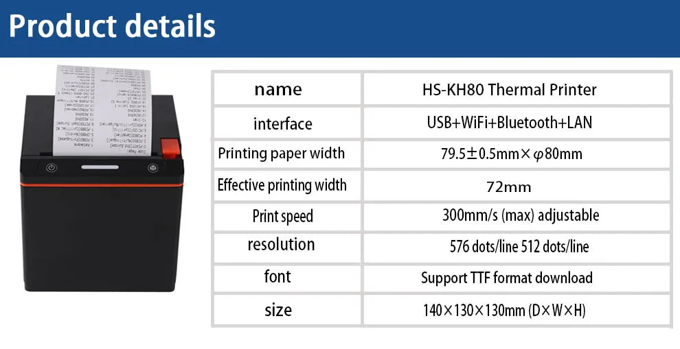 Tablets Printer Options 80mm 72Mm Print Width High Speed 260Mm/S Usb Bluetooth Lan Wi-Fi Barcode Auto Cutter