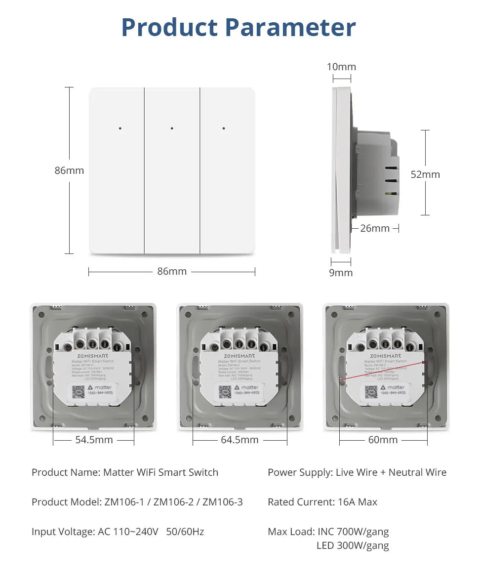 Zemismart Matter WiFi EU 1 2 3 Gangs Smart Wall Light Switch Neutral Required with Big Button SmartThings App Homekit Control