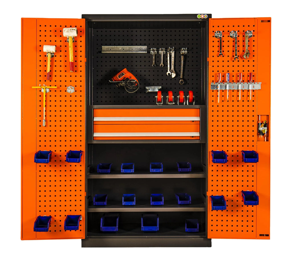 Optimize Your Workspace with a Modern Industrial 71in. Orange Tool Cabinet Lock, Drawers, Pegboard, and Quiet Wheels PULAGE
