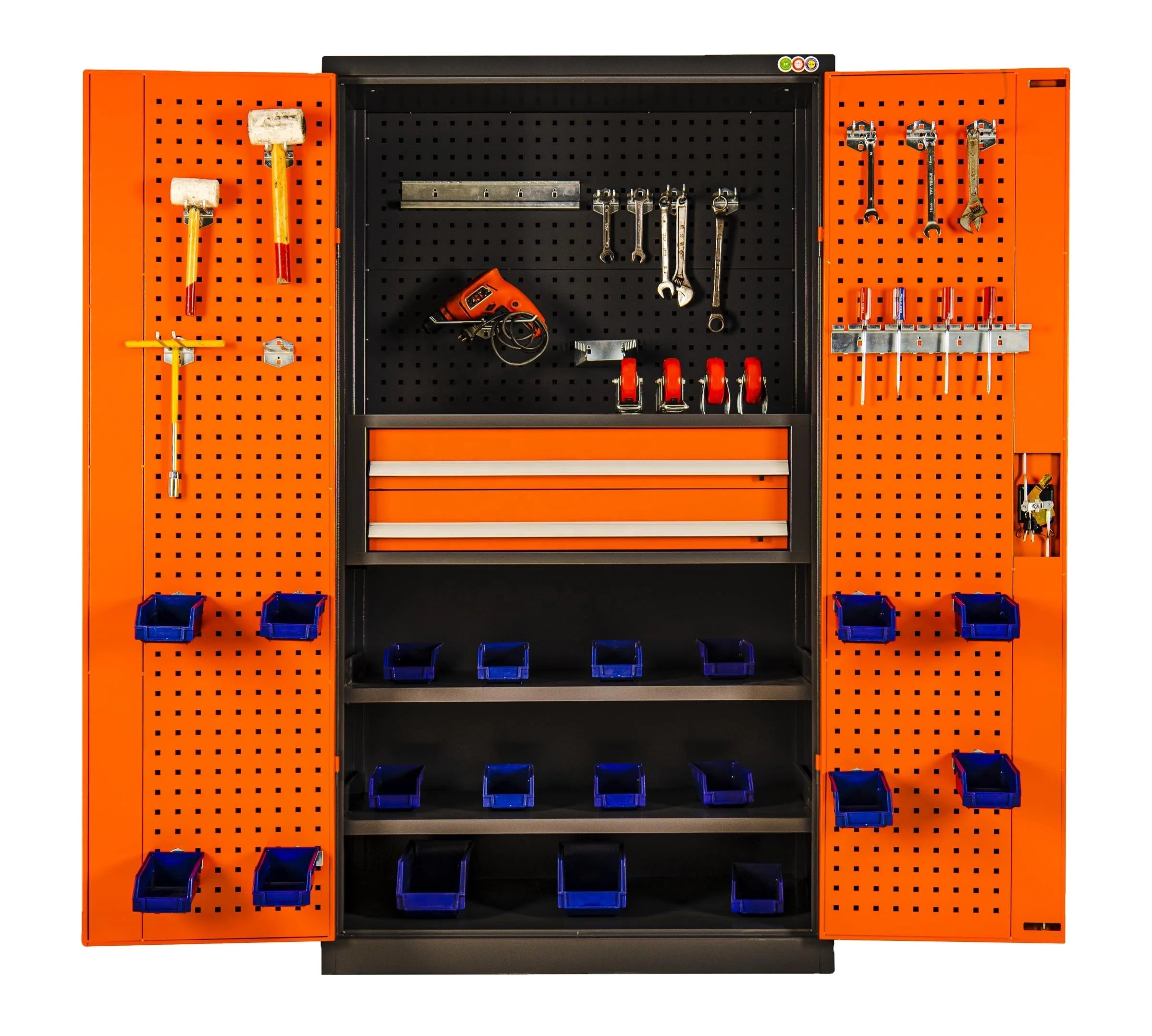 Optimize Your Workspace with a Modern Industrial 71in. Orange Tool Cabinet Lock, Drawers, Pegboard, and Quiet Wheels PULAGE