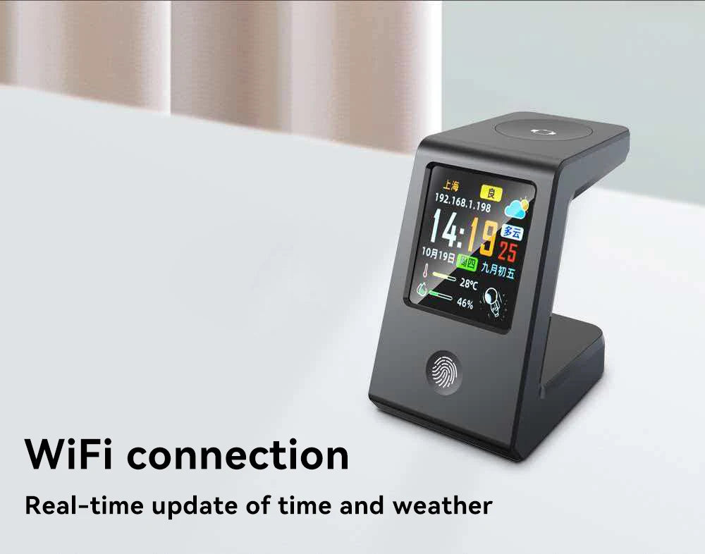 Smart WiFi weather clock, featuring wireless charging for watches, digital table clock, real-time weather display, touch control