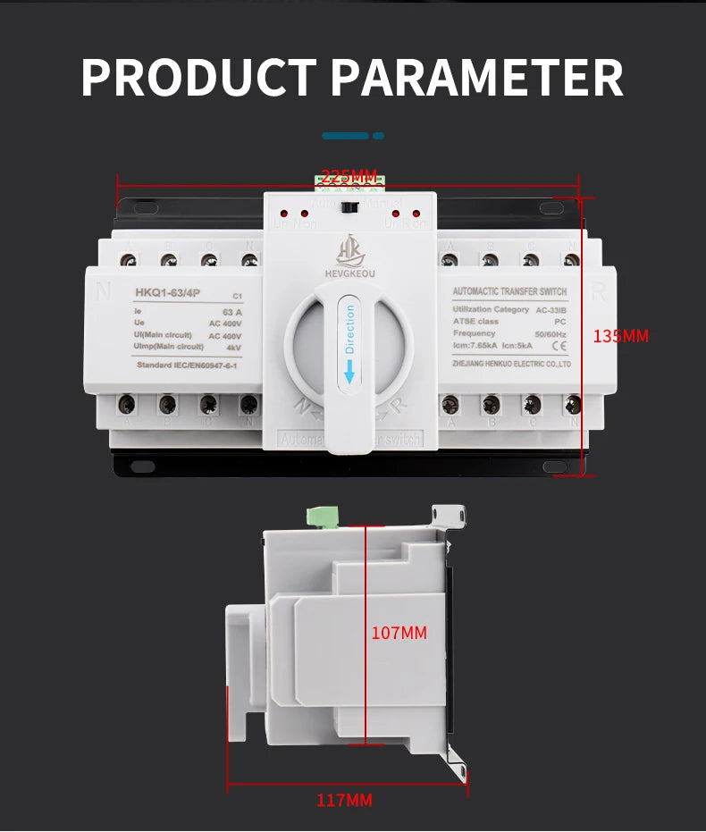 Automatic Transfer Switch (ATS) 4P 63A/125A Dual Power Changeover Switch 400V Manual/Auto for Generator Industrial CE Certified