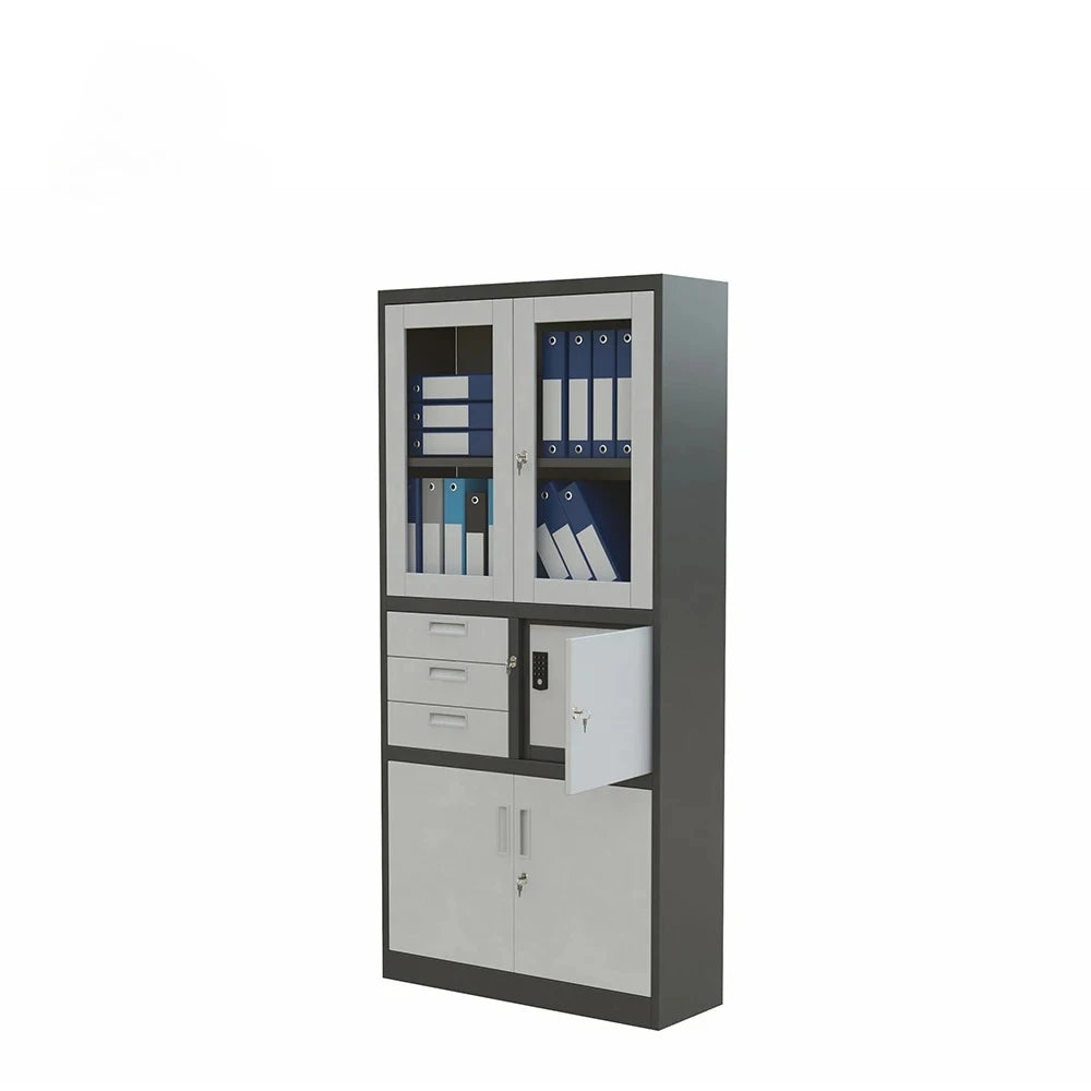 Modern office cabinet; all-steel filing cabinet with double glass doors; ideal for document storage in a home office