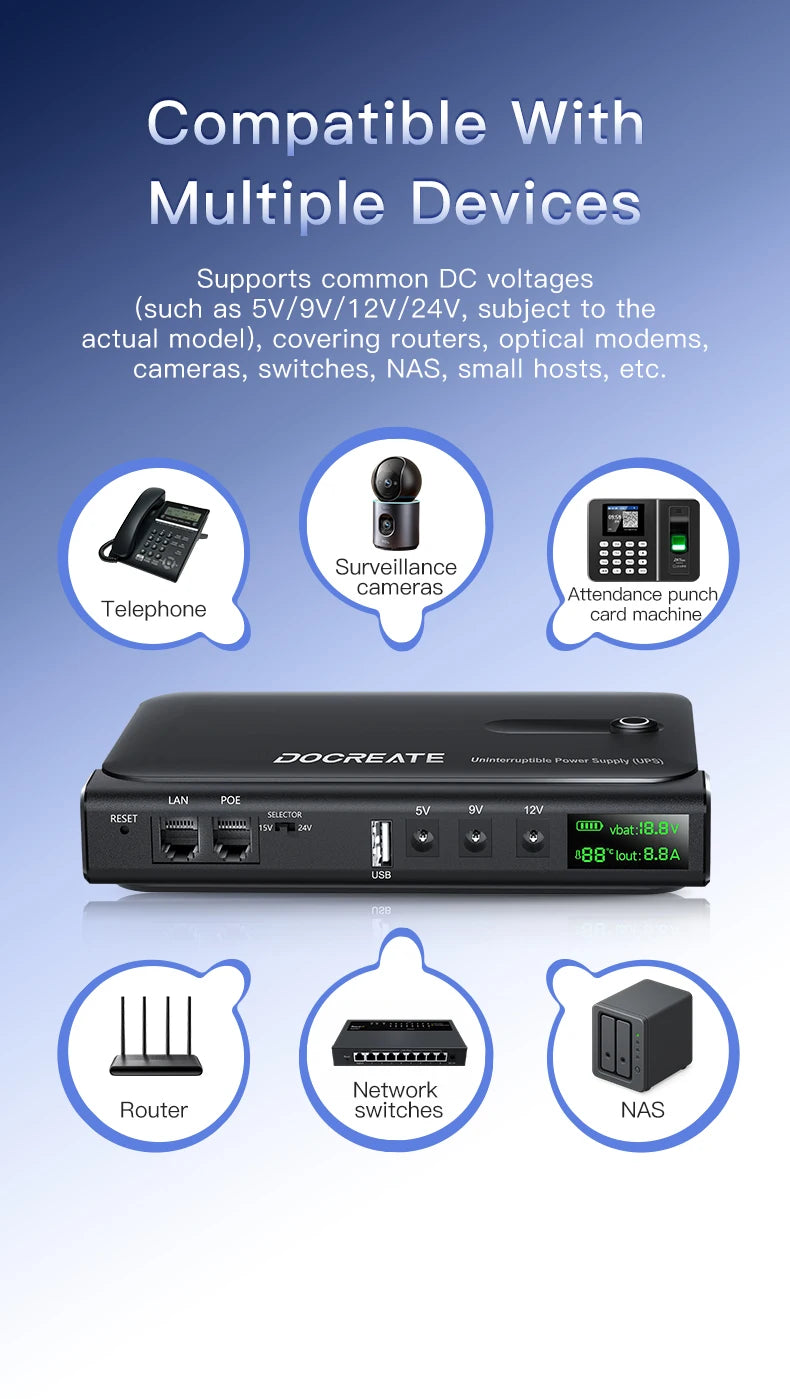 DC UPS Uninterruptible Power Supply System 5V-24V Output 4x18650 Replaceable Battery for Router NAS Modem and Security Monitor