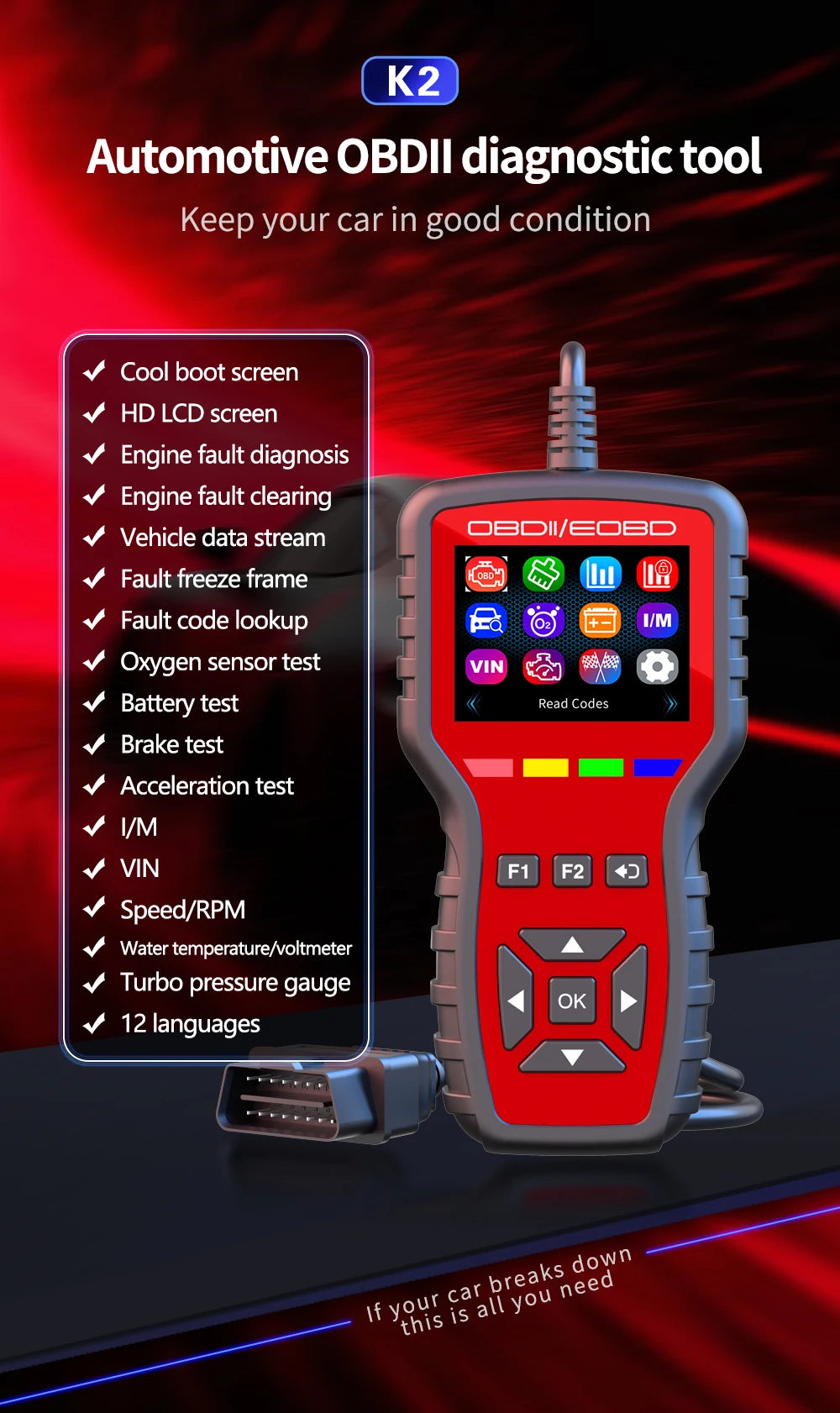 OBD2 Scanner - Handheld Vehicle Inspection and Fault Diagnostic Tester with Live Data, Battery Test