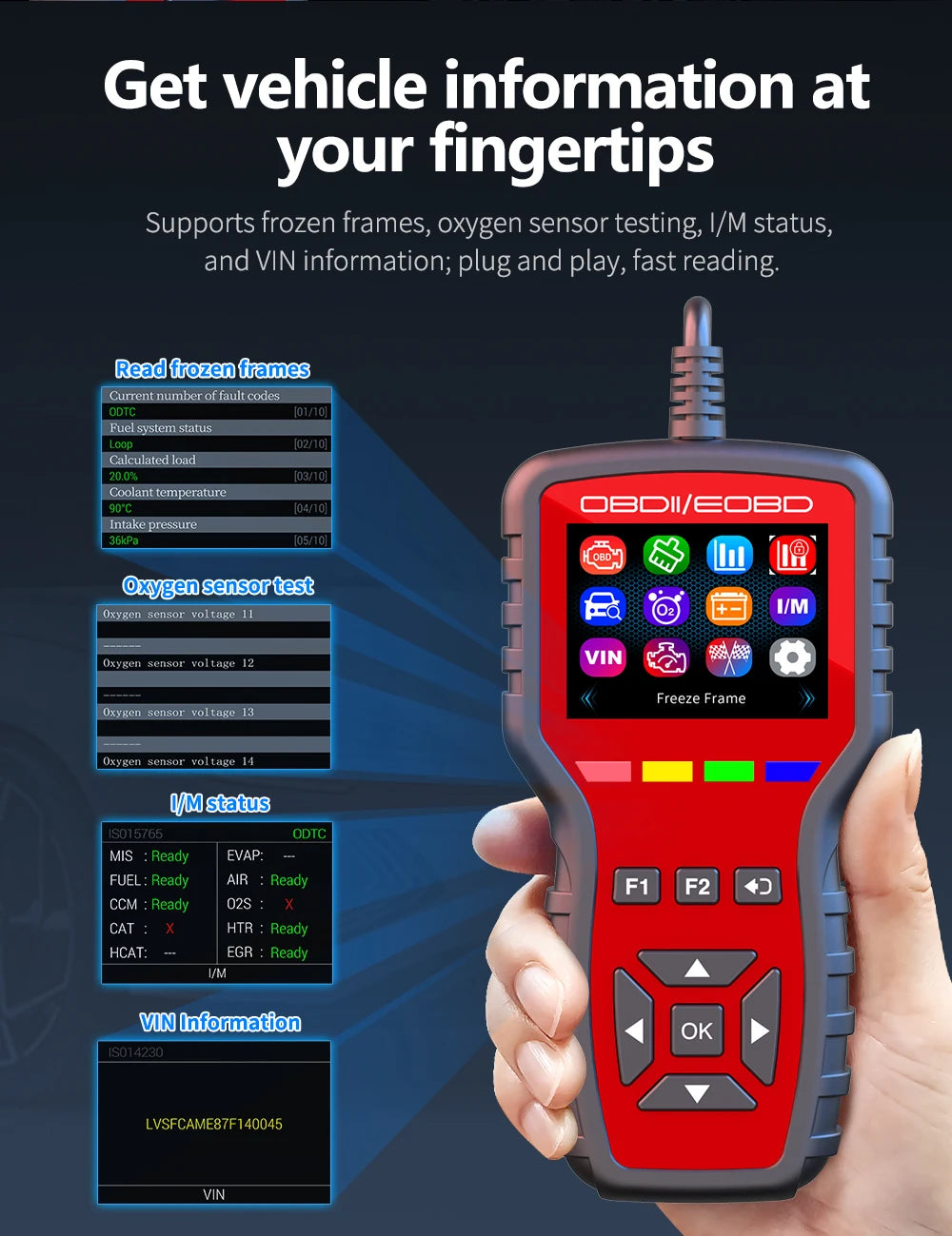 OBD2 Scanner - Handheld Vehicle Inspection and Fault Diagnostic Tester with Live Data, Battery Test