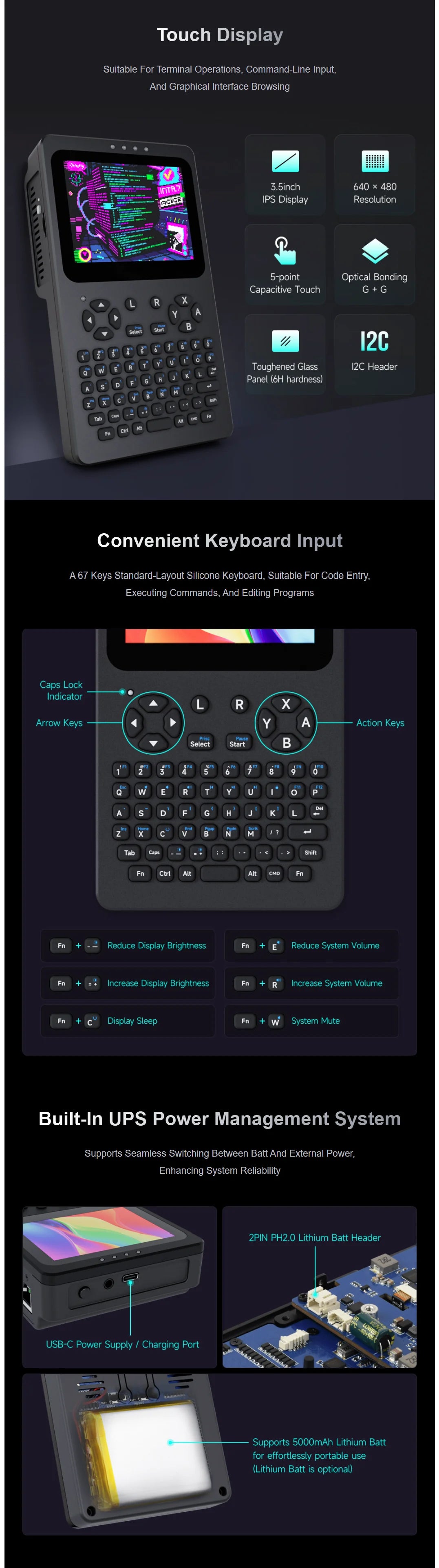 Waveshare portable handheld Linux terminal, 3.5inch 640×480 touch screen, optical bonding, for Rasp Pi 4B/5 dev & debug tool