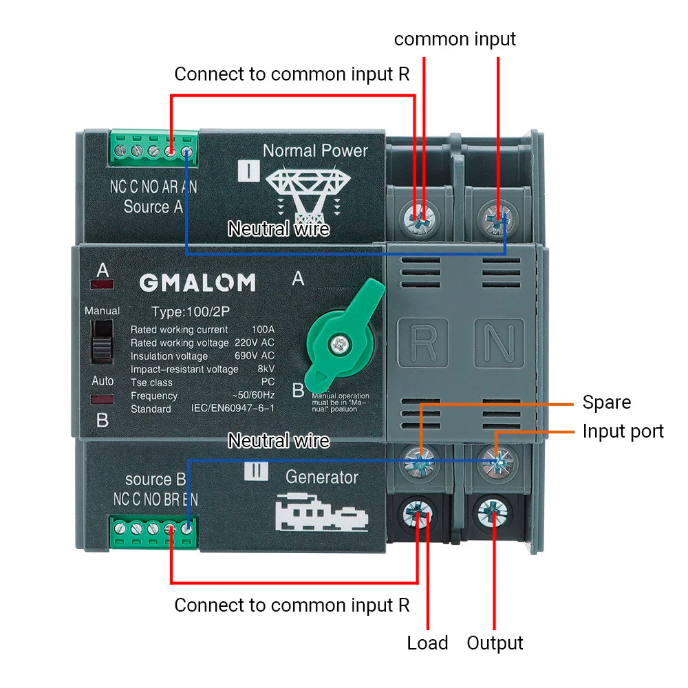 Rail Dual Power Automatic Transfer Switch 2P 3P 4P ATS Selector Switches Uninterruptible Millisecond Power Generator 100A AC220V