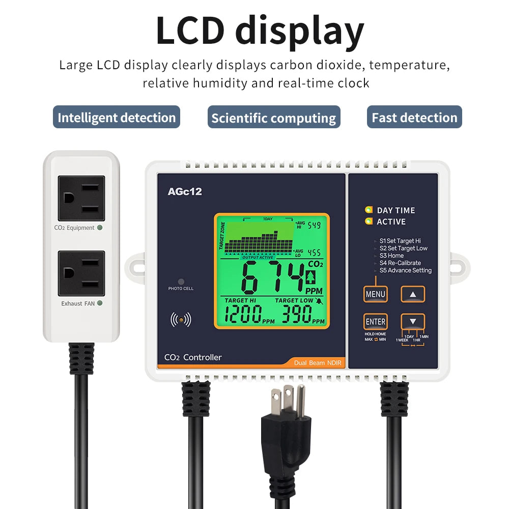 AGc12 CO2 Carbon Dioxide Controller Dual Channel Automatic Greenhouse Plants CO2 Concentration Control Pressure Regulator US EU
