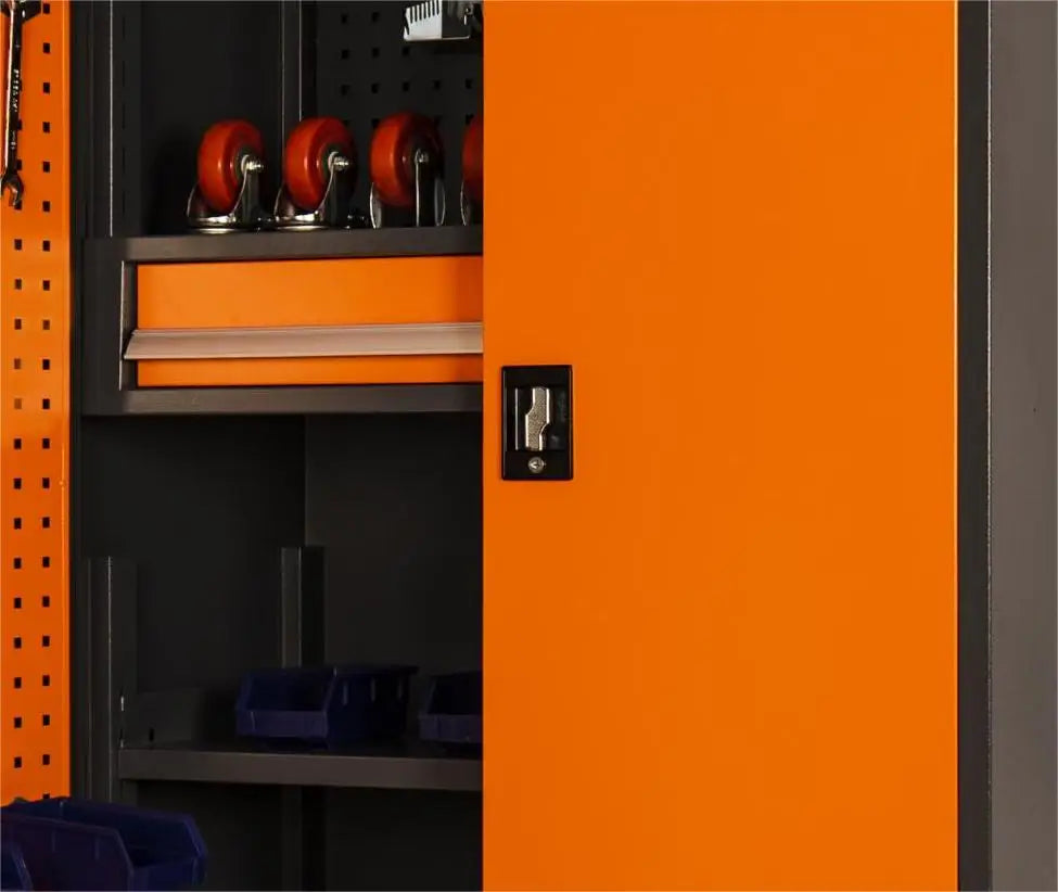 Optimize Your Workspace with a Modern Industrial 71in. Orange Tool Cabinet Lock, Drawers, Pegboard, and Quiet Wheels PULAGE