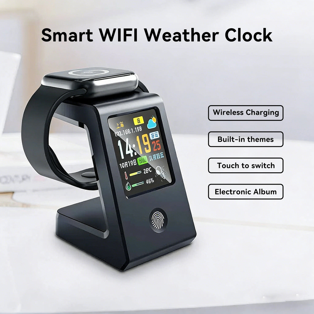 Smart WiFi weather clock, featuring wireless charging for watches, digital table clock, real-time weather display, touch control