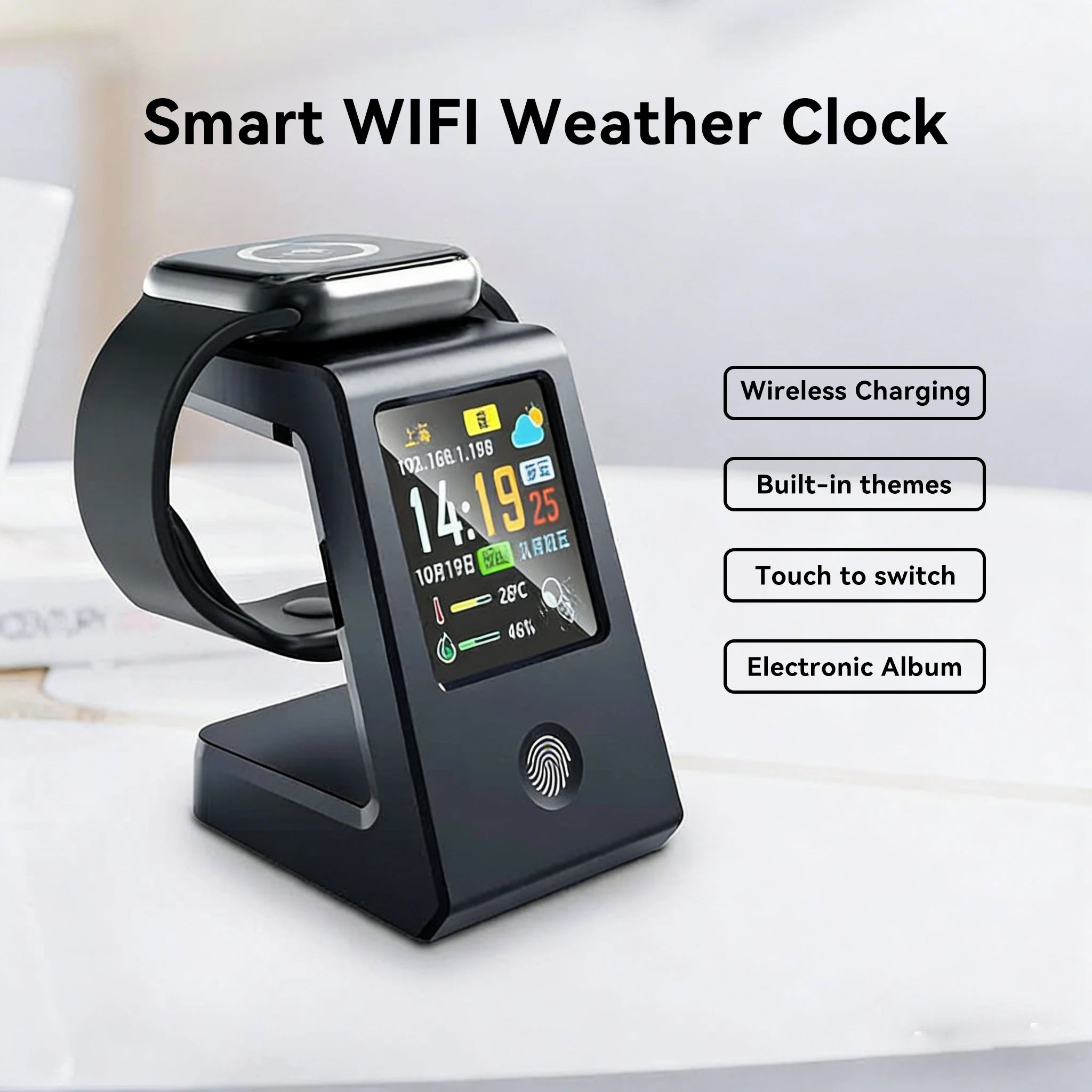 Smart WiFi weather clock, featuring wireless charging for watches, digital table clock, real-time weather display, touch control
