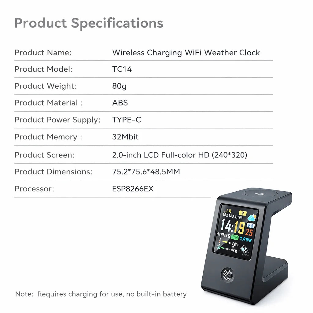 Smart WiFi weather clock, featuring wireless charging for watches, digital table clock, real-time weather display, touch control