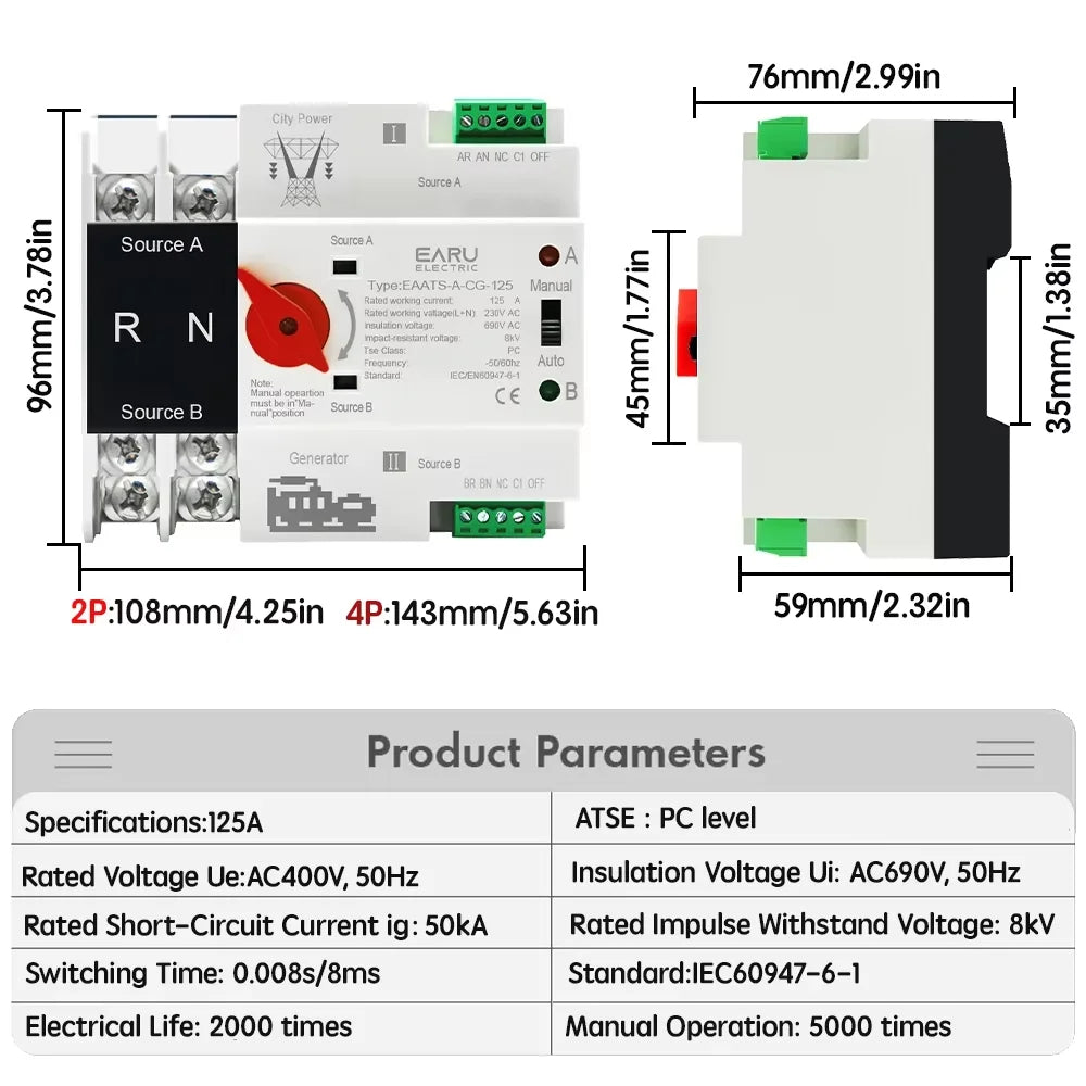 Dual Power Automatic Transfer Switch ATS 2P 4P 100A. AC 220V 110V Millisecond Switching for Solar Generator Uninterrupted