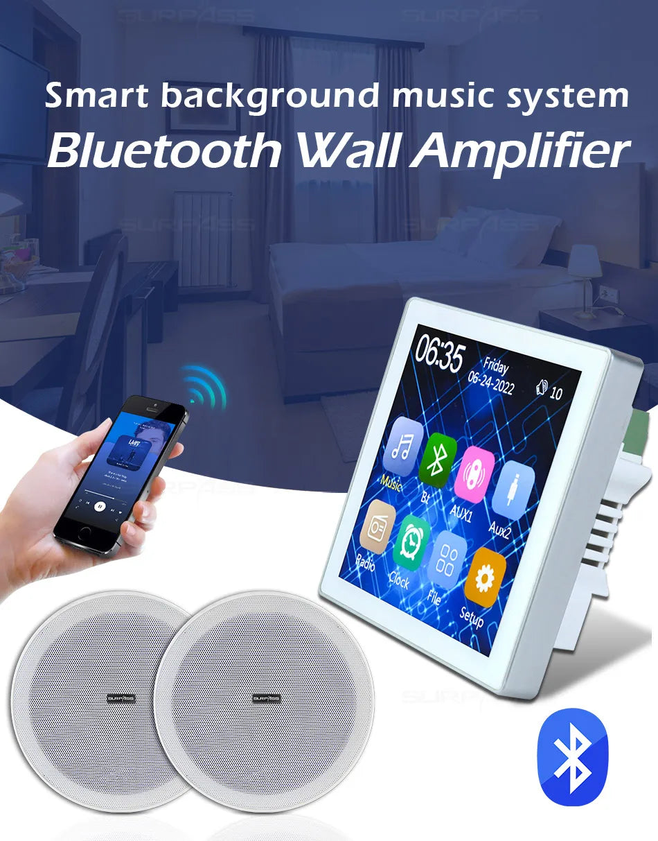 Smart Home Audio 4 Inch Key Touch Wireless Bluetooth-compatible Wall Amplifier Fm Radio with Frameless Ceiling Loudspeakers Kits