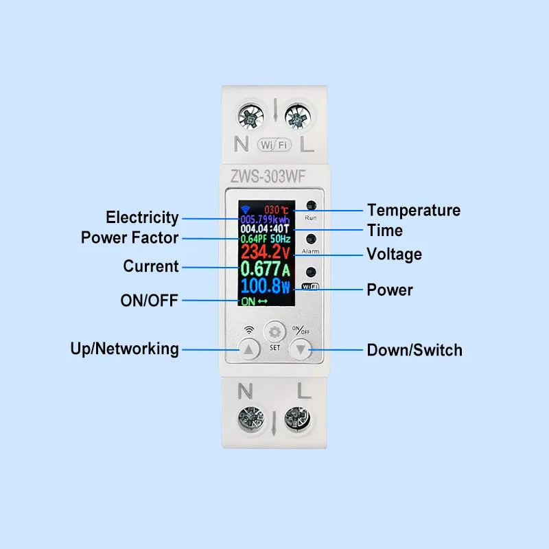 WiFi Smart Circuit Breaker 63A with LCD Display Energy Meter KWH Remote Control Monitor Overload Protection Auto-reclosing