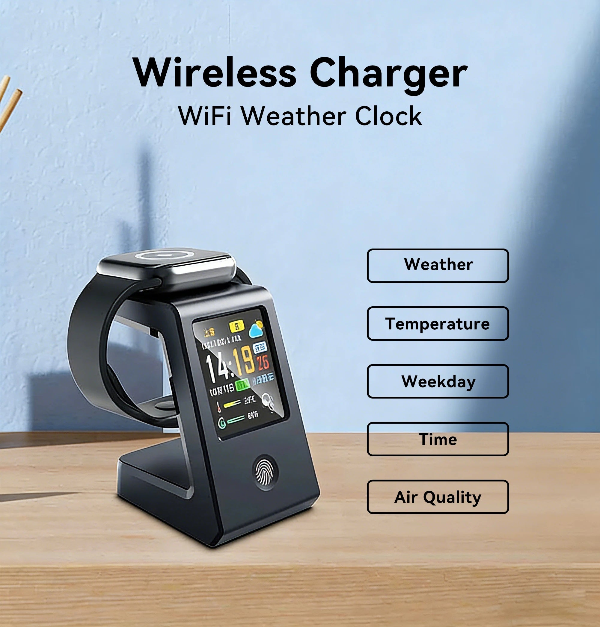 Smart WiFi weather clock, featuring wireless charging for watches, digital table clock, real-time weather display, touch control