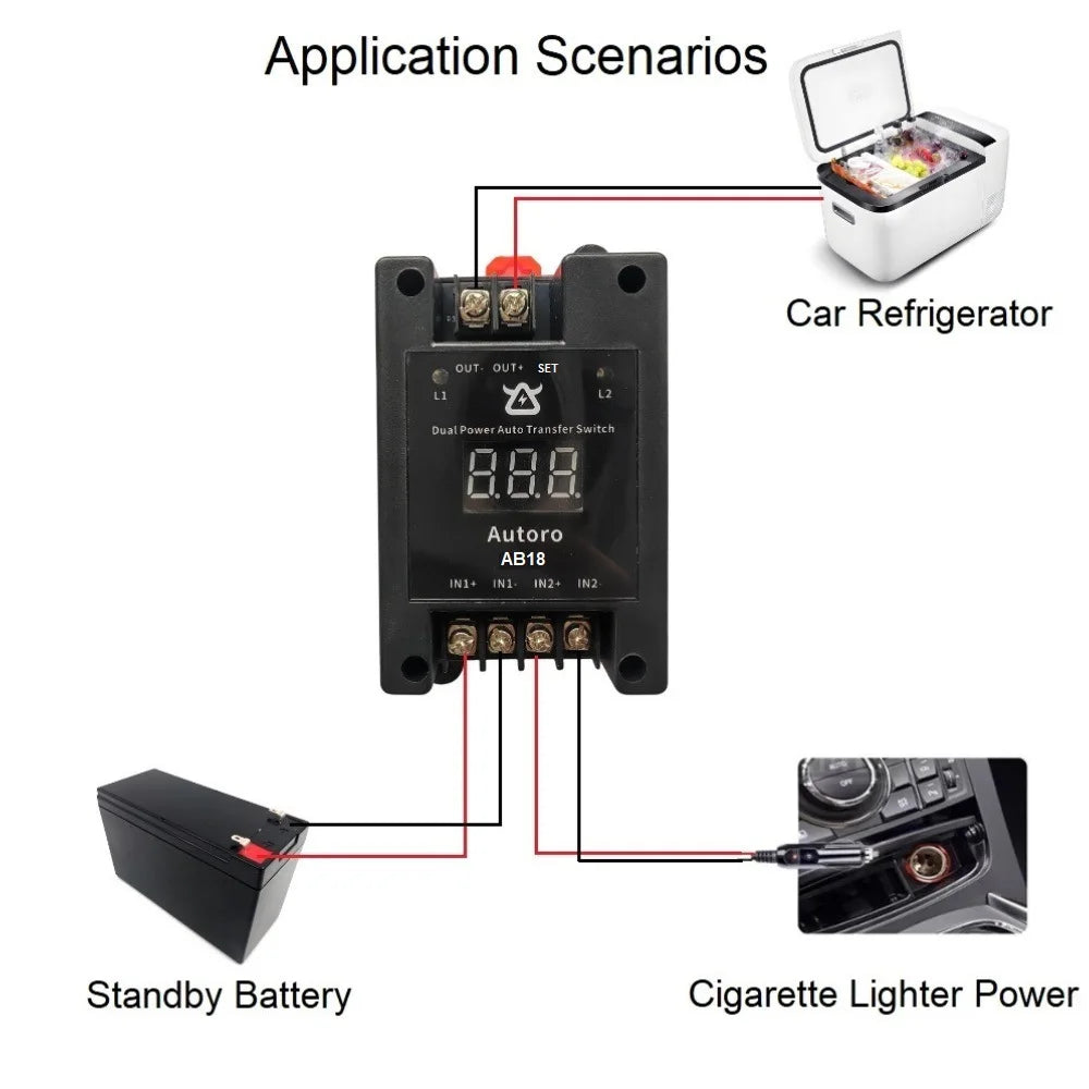 Autoro AB18 Automatic Transfer Switch ATS DC 12V-60V 18A Dual Power Switch with Digital Display - Uninterrupted Power Supply UPS