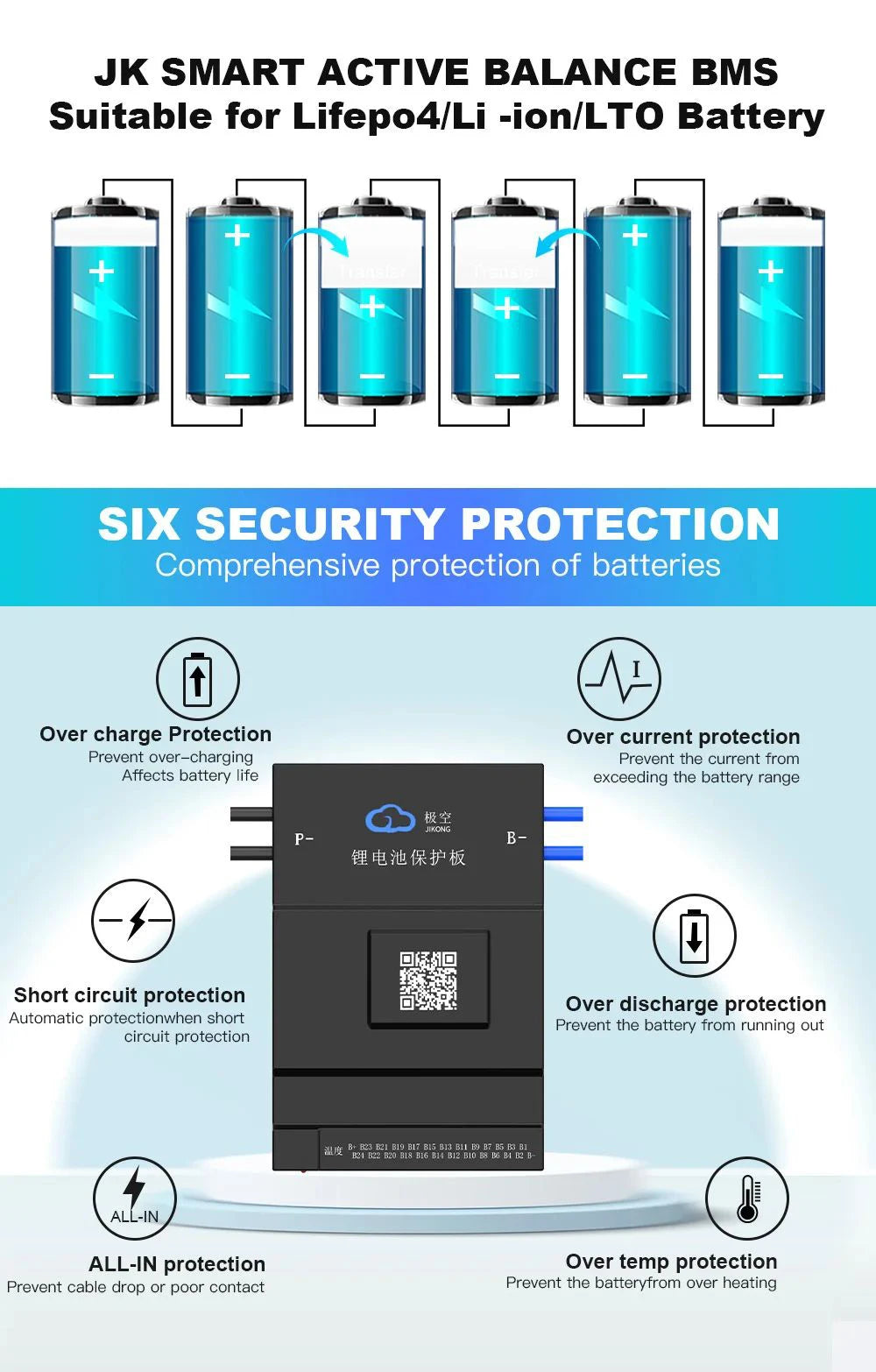 Smart BMS BD6A8S10P 4S 5S 6S 7S 8S 12V 24V Battery With 0.6A Active Balance BMS LiFePO4 Li-ion LTO Battery Storage Bluetooth BMS