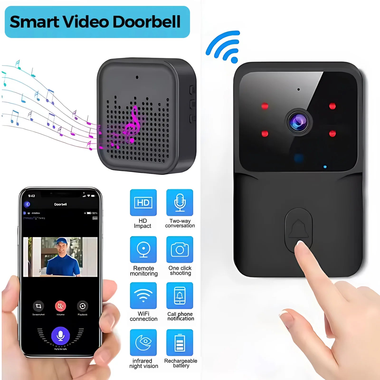 Smart Home WiFi Video Doorbell Wireless Phone Two-way Intercom System IR Night Vision Doorbell Security Door Bell Camera Monitor