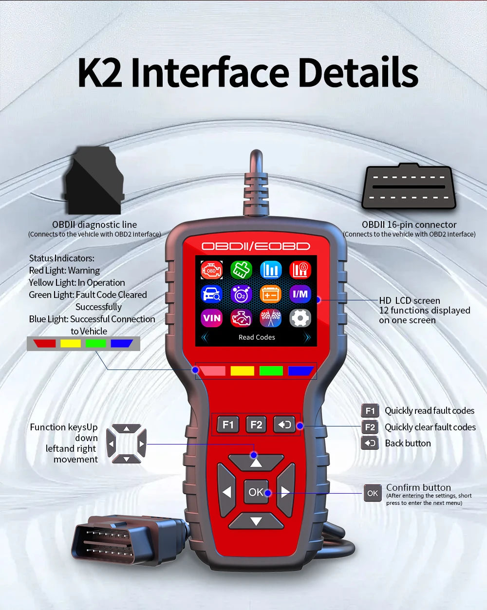 OBD2 Scanner - Handheld Vehicle Inspection and Fault Diagnostic Tester with Live Data, Battery Test
