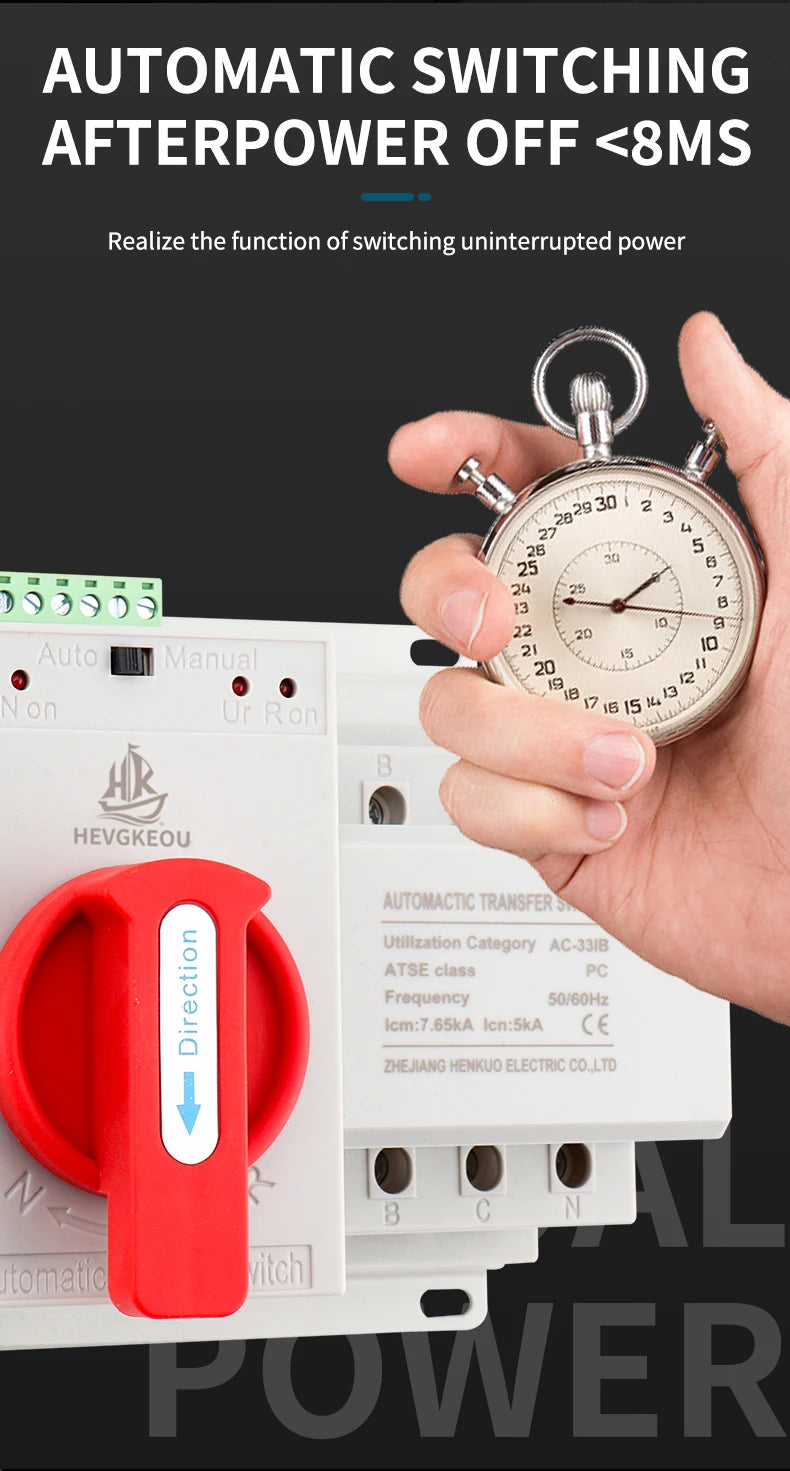 Automatic Transfer Switch (ATS) 4P 63A/125A Dual Power Changeover Switch 400V Manual/Auto for Generator Industrial CE Certified
