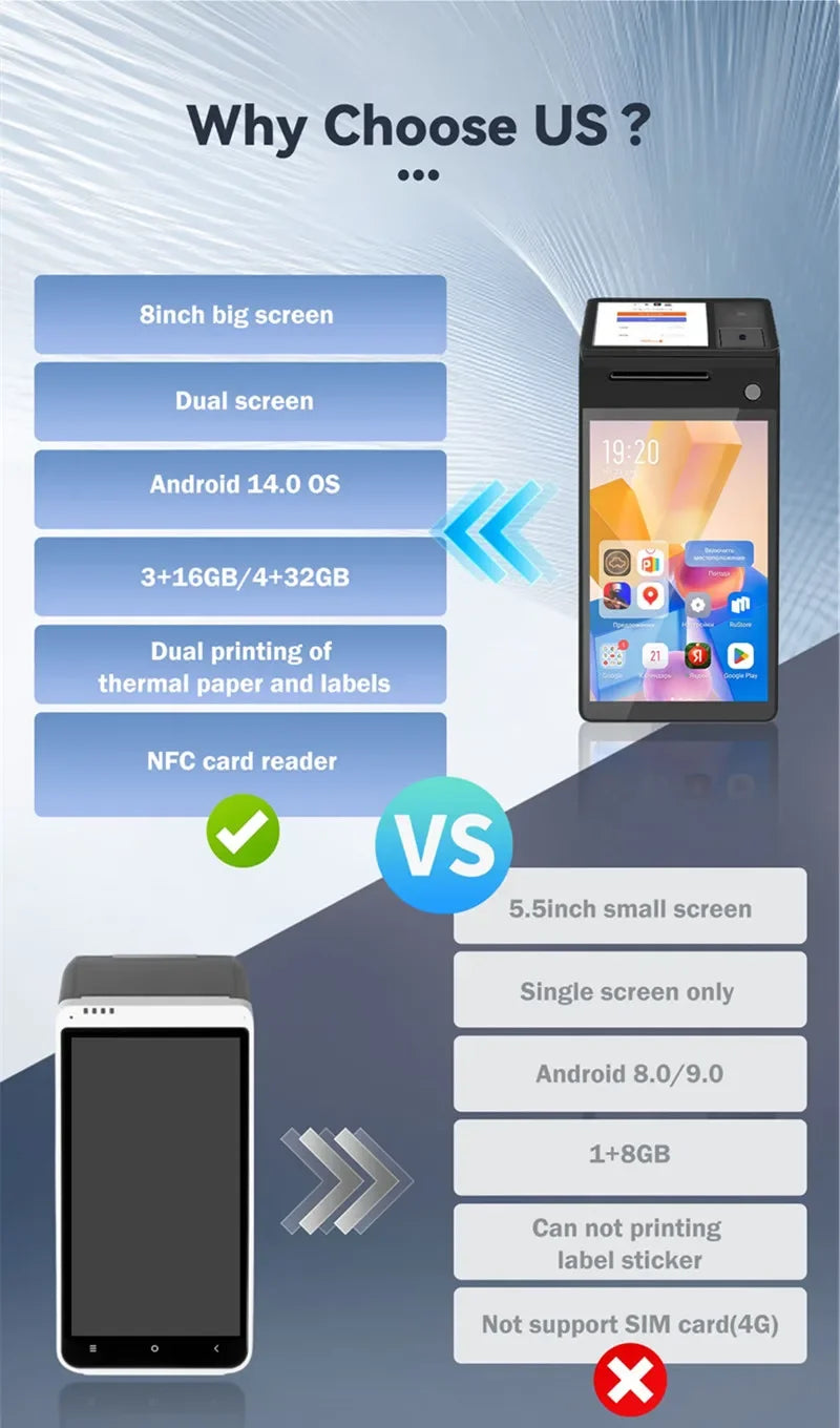 Z108 Android 14 Dual Screen POS Terminal Sales Point Cash Register with 8-inch Touch Screen NFC Scanner 58/80mm Thermal Printer
