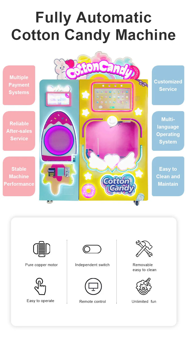 Customized Hot Sale Commercial Full Automatic Cotton Candy Vending Machine High Capacity Easy Clean Street Business For Sale