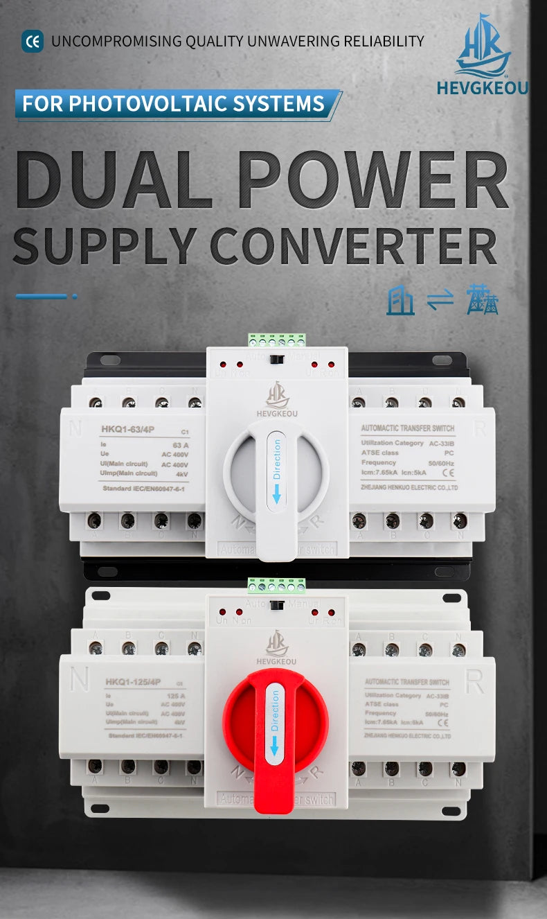 Automatic Transfer Switch (ATS) 4P 63A/125A Dual Power Changeover Switch 400V Manual/Auto for Generator Industrial CE Certified