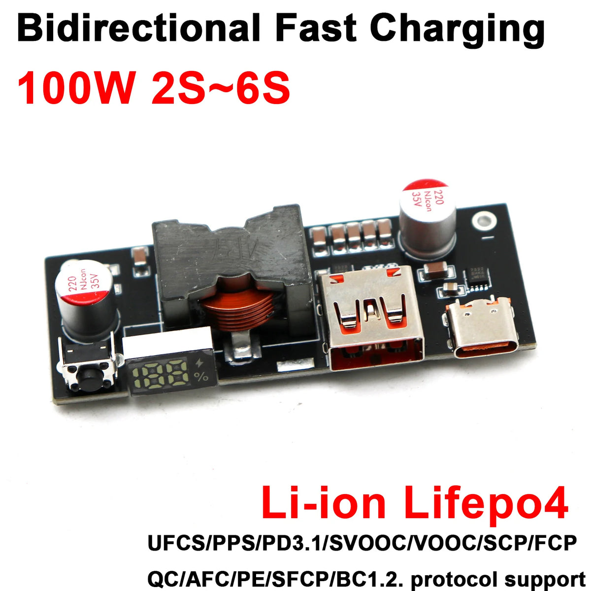 PD3.1 100W Bidirectional Fast Charger Power Bank Board Boost Buck 2S 3S 4S 5S 6S Battery Charging Discharging Li Ion Lifepo4 BMS