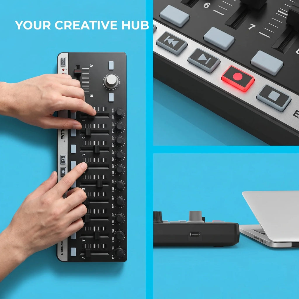 Worlde EasyControl.9 MIDI Controller – 9 Assignable Knobs/Sliders/Buttons, 6 Transport Controls, Plug & Play, No Driver Needed