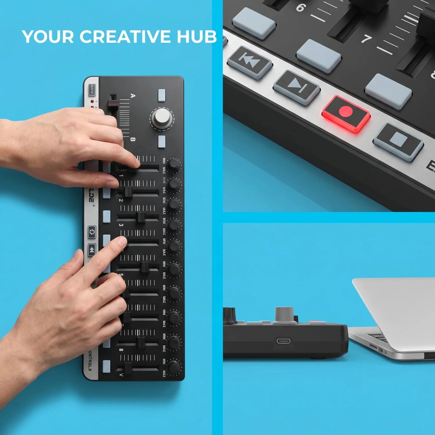 Worlde EasyControl.9 MIDI Controller – 9 Assignable Knobs/Sliders/Buttons, 6 Transport Controls, Plug & Play, No Driver Needed