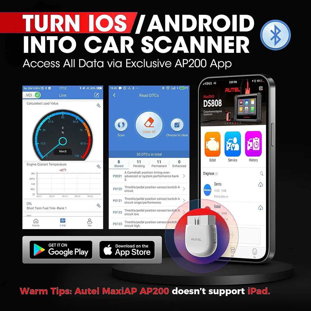 Autel AP200 Bluetooth OBD2 Scanner MaxiAP Code Reader with Full System VIN TPMS IMMO Service Car Diagnostic Tool for IOS Android