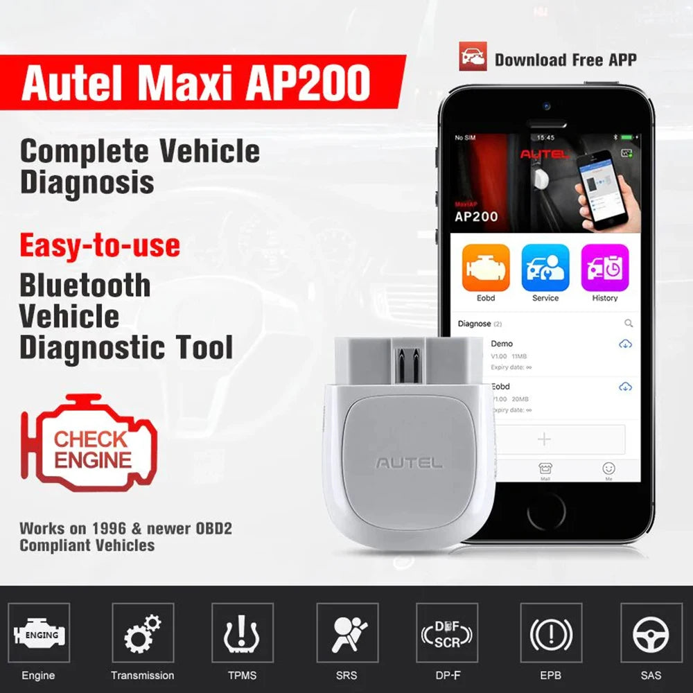 Autel AP200 Bluetooth OBD2 Scanner MaxiAP Code Reader with Full System VIN TPMS IMMO Service Car Diagnostic Tool for IOS Android