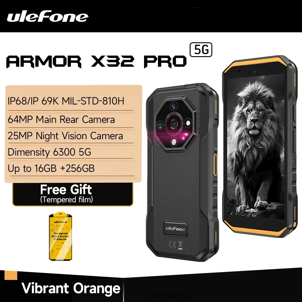 Ulefone Armor X32 Pro 5G Rugged Phone Android 14 16GB+256GB Dimensity 6300 Octa Core 64MP Camera NFC IP68/IP69K Waterproof