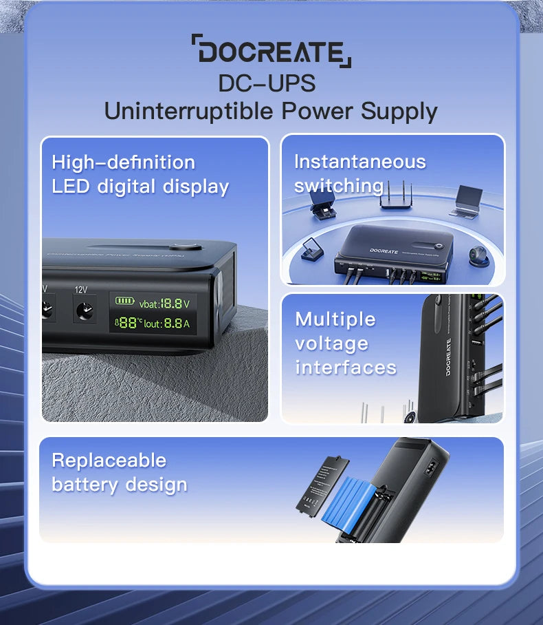 DC UPS Uninterruptible Power Supply System 5V-24V Output 4x18650 Replaceable Battery for Router NAS Modem and Security Monitor