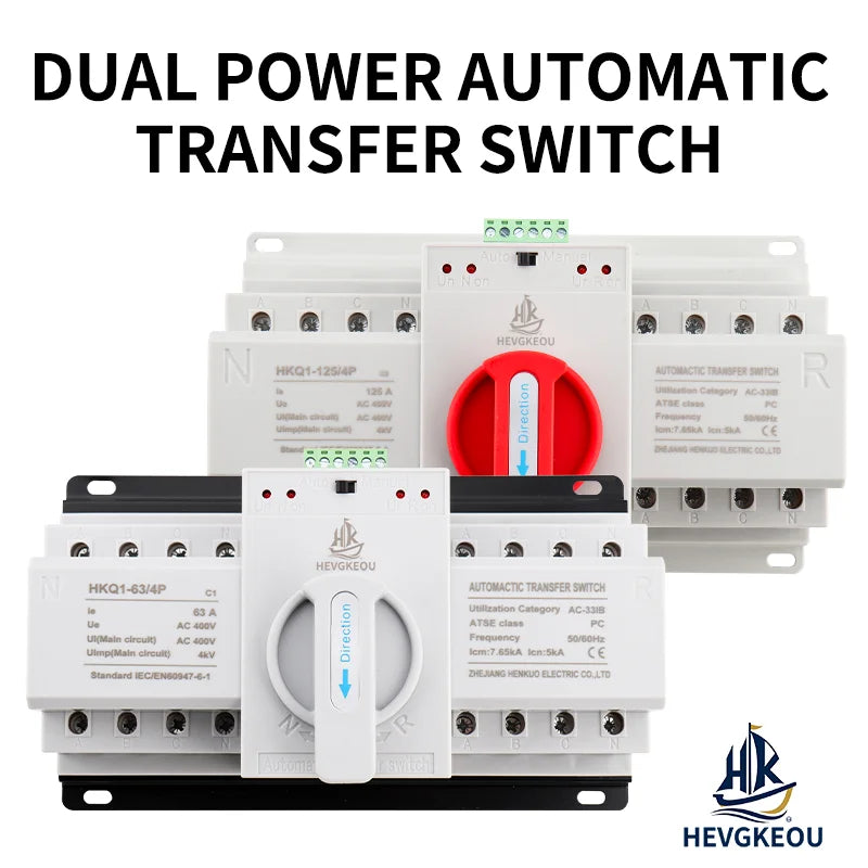 Automatic Transfer Switch (ATS) 4P 63A/125A Dual Power Changeover Switch 400V Manual/Auto for Generator Industrial CE Certified