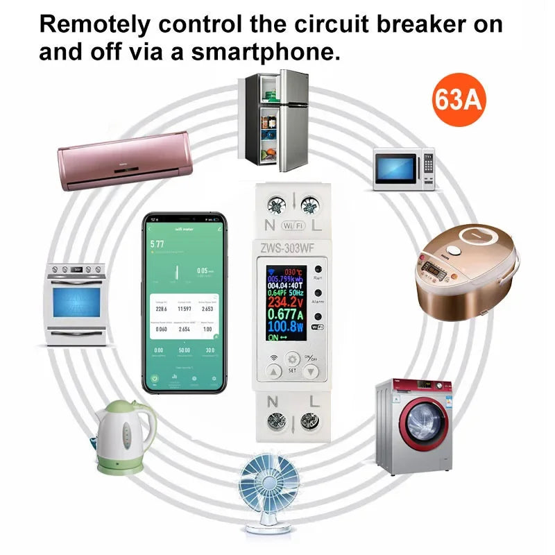 WiFi Smart Circuit Breaker 63A with LCD Display Energy Meter KWH Remote Control Monitor Overload Protection Auto-reclosing
