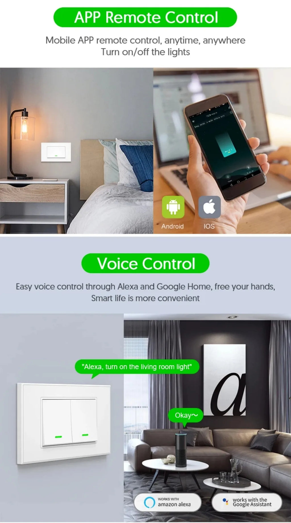 Milfra Smart Wifi Switch IT KR Standard Wireless Home Wall Button Switches 1/2/3 Gang Tuya Smart Life App Voice Control by Alexa