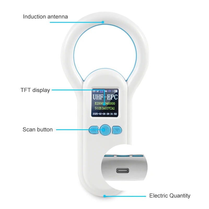 UHF Handheld Reader Portable 2.4G USB BT Output UHF RFID Tag Scanner Supports Android Windows