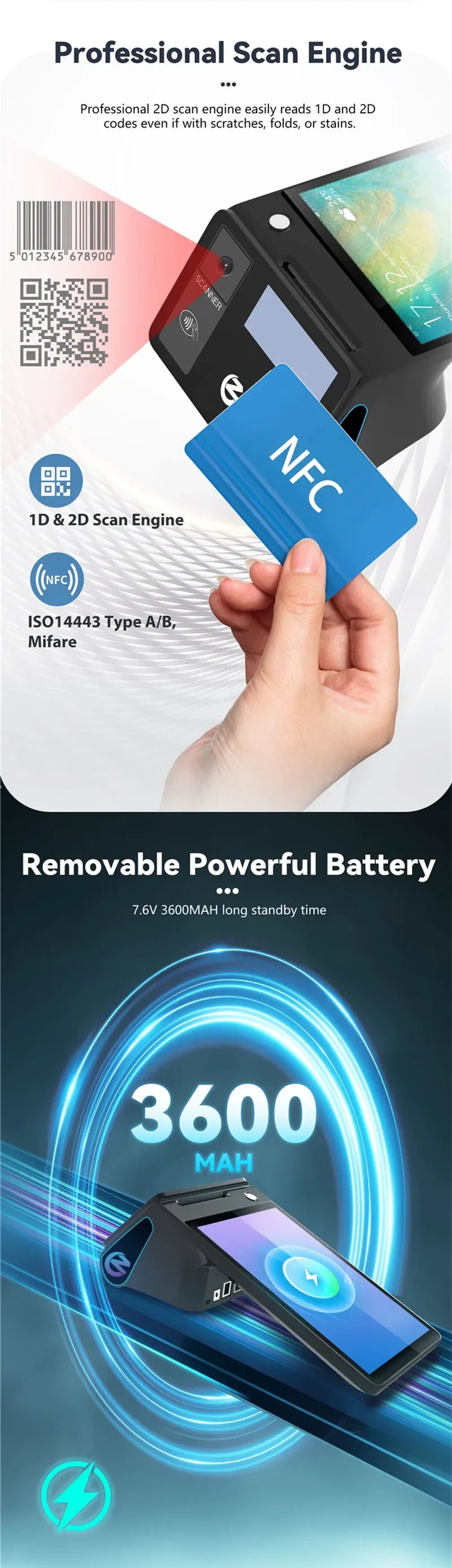 Z108 Android 14 Dual Screen POS Terminal Sales Point Cash Register with 8-inch Touch Screen NFC Scanner 58/80mm Thermal Printer