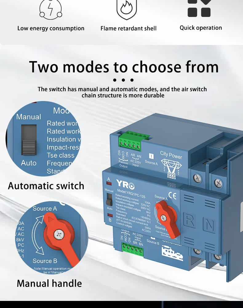 ATS 2P 4P 100A 125A 220V 400V Dual Power Automatic Transfer Switch For Generator or PV Energy To City power Changeover Switch