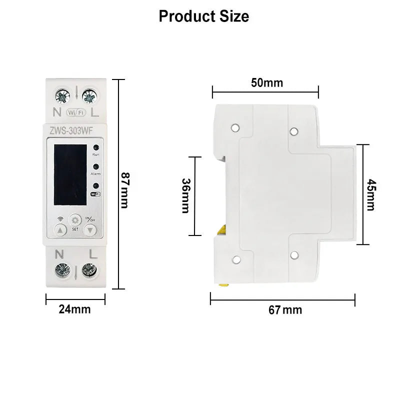 WiFi Smart Circuit Breaker 63A with LCD Display Energy Meter KWH Remote Control Monitor Overload Protection Auto-reclosing