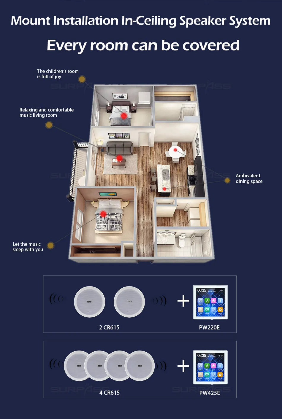 Smart Home Audio 4 Inch Key Touch Wireless Bluetooth-compatible Wall Amplifier Fm Radio with Frameless Ceiling Loudspeakers Kits