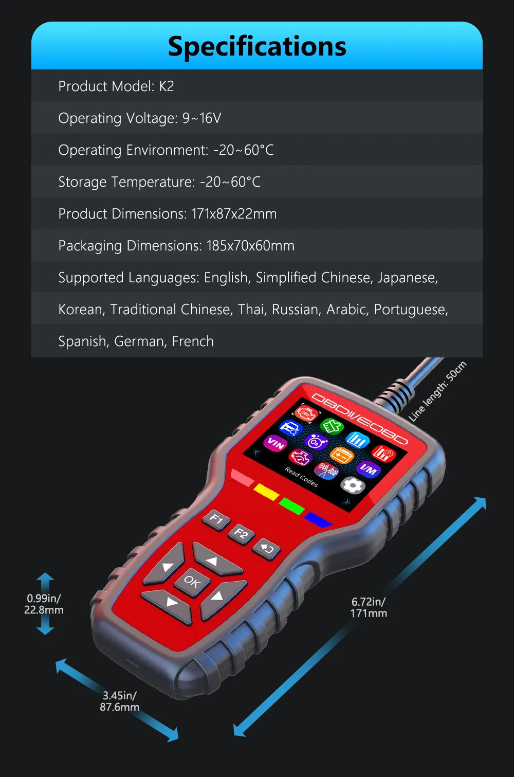 OBD2 Scanner - Handheld Vehicle Inspection and Fault Diagnostic Tester with Live Data, Battery Test