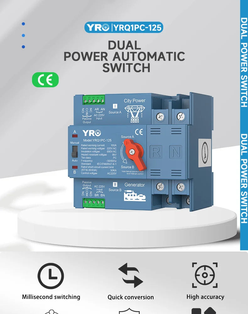 ATS 2P 4P 100A 125A 220V 400V Dual Power Automatic Transfer Switch For Generator or PV Energy To City power Changeover Switch